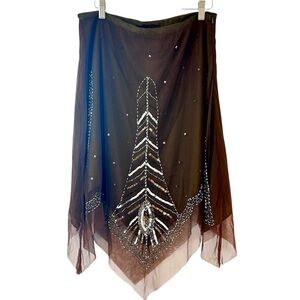 TAUNT Y2K Chocolate Brown Sequin Asymmetrical Midi Skirt Sz L Fairy Grunge